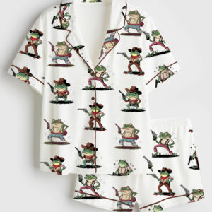 Women's Cowboy Frog Funny Gun Short Sleeve Satin Pajama Set