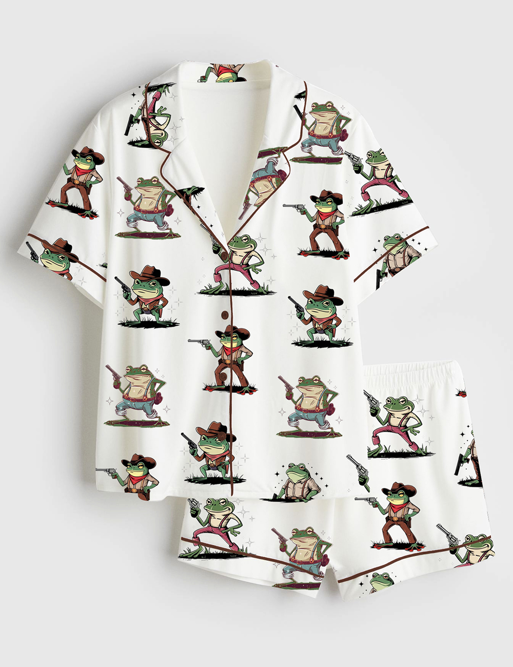 Women's Cowboy Frog Funny Gun Short Sleeve Satin Pajama Set