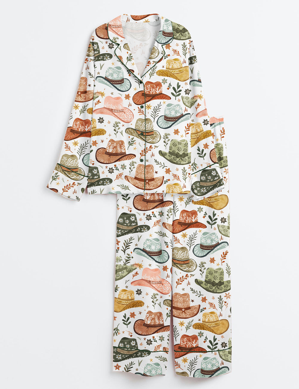 Women's Cowboy Hats Whimsical West Theme Long Sleeve Satin Pajamas Set