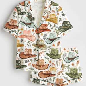Women's Cowboy Hats Whimsical West Theme Short Sleeve Satin Pajama Set