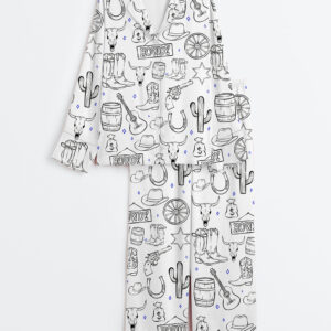 Womenâ€™s Cowboy Western Procreate Cowboy Boots Hat Skull Howdy Cowboy Hat Music Long Sleeve Satin Pajama Set