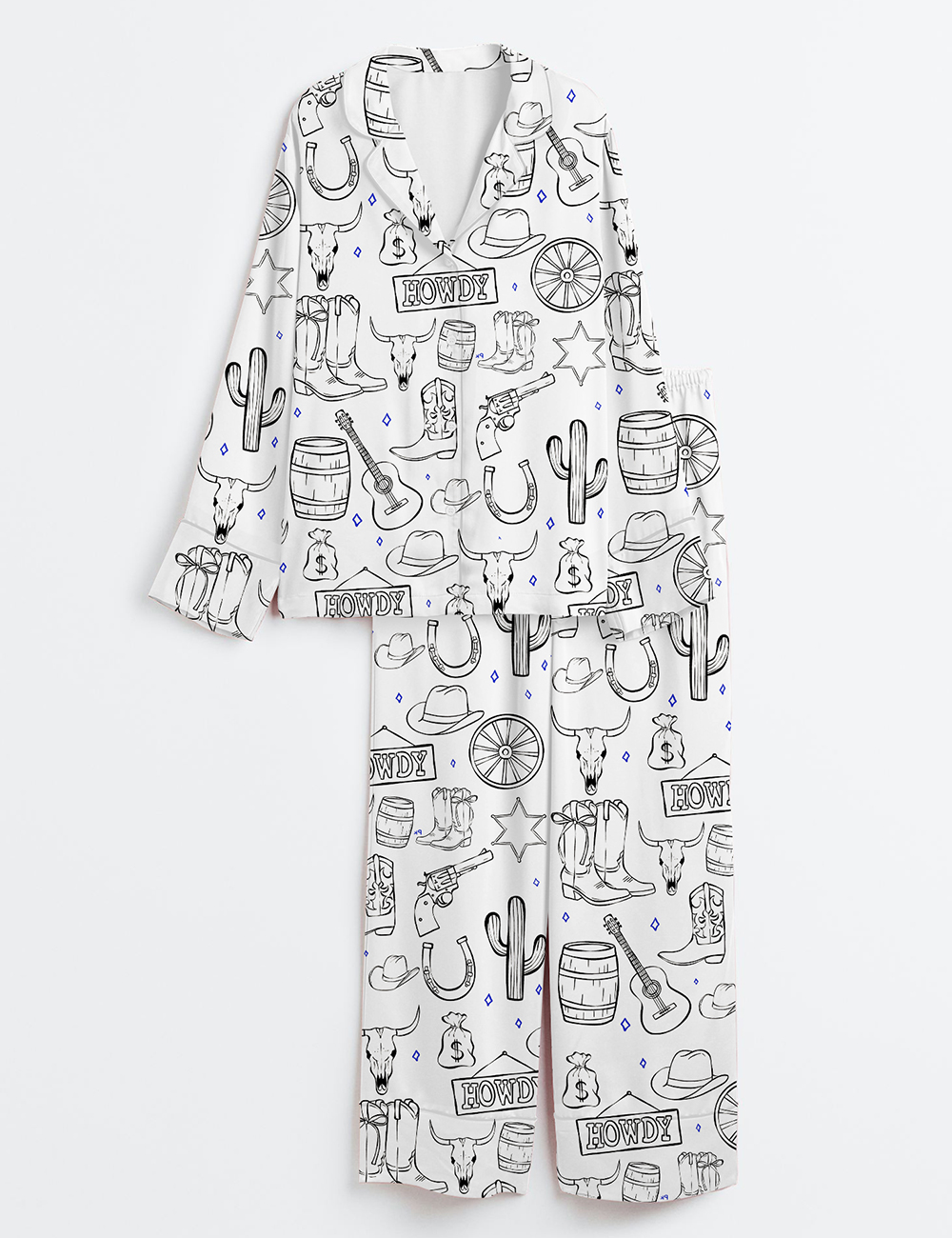 Womenâ€™s Cowboy Western Procreate Cowboy Boots Hat Skull Howdy Cowboy Hat Music Long Sleeve Satin Pajama Set