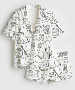 Women's Cowboy Western Procreate Cowboy Boots Hat Skull Howdy Cowboy Hat Music Short Sleeve Satin Pajama Set