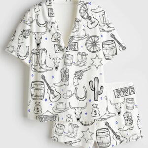 Women's Cowboy Western Procreate Cowboy Boots Hat Skull Howdy Cowboy Hat Music Short Sleeve Satin Pajama Set