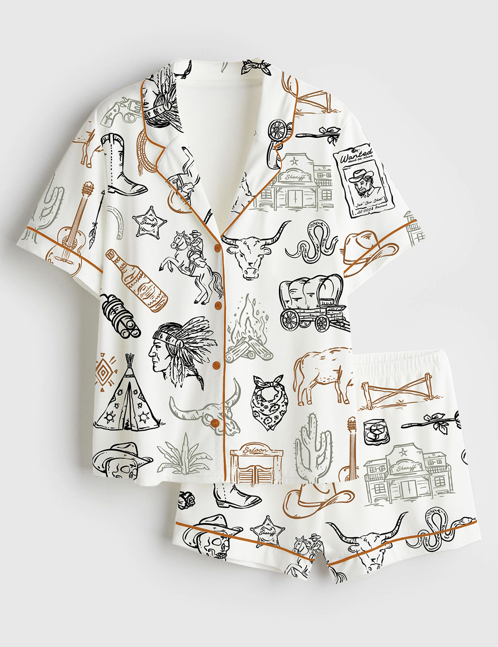 Womenâ€™s Cowboy Whimsical Wild West Western Party Short Sleeve Satin Pajama Set