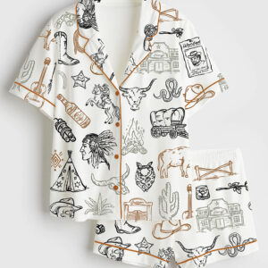Women's Cowboy Whimsical Wild West Western Party Short Sleeve Satin Pajama Set