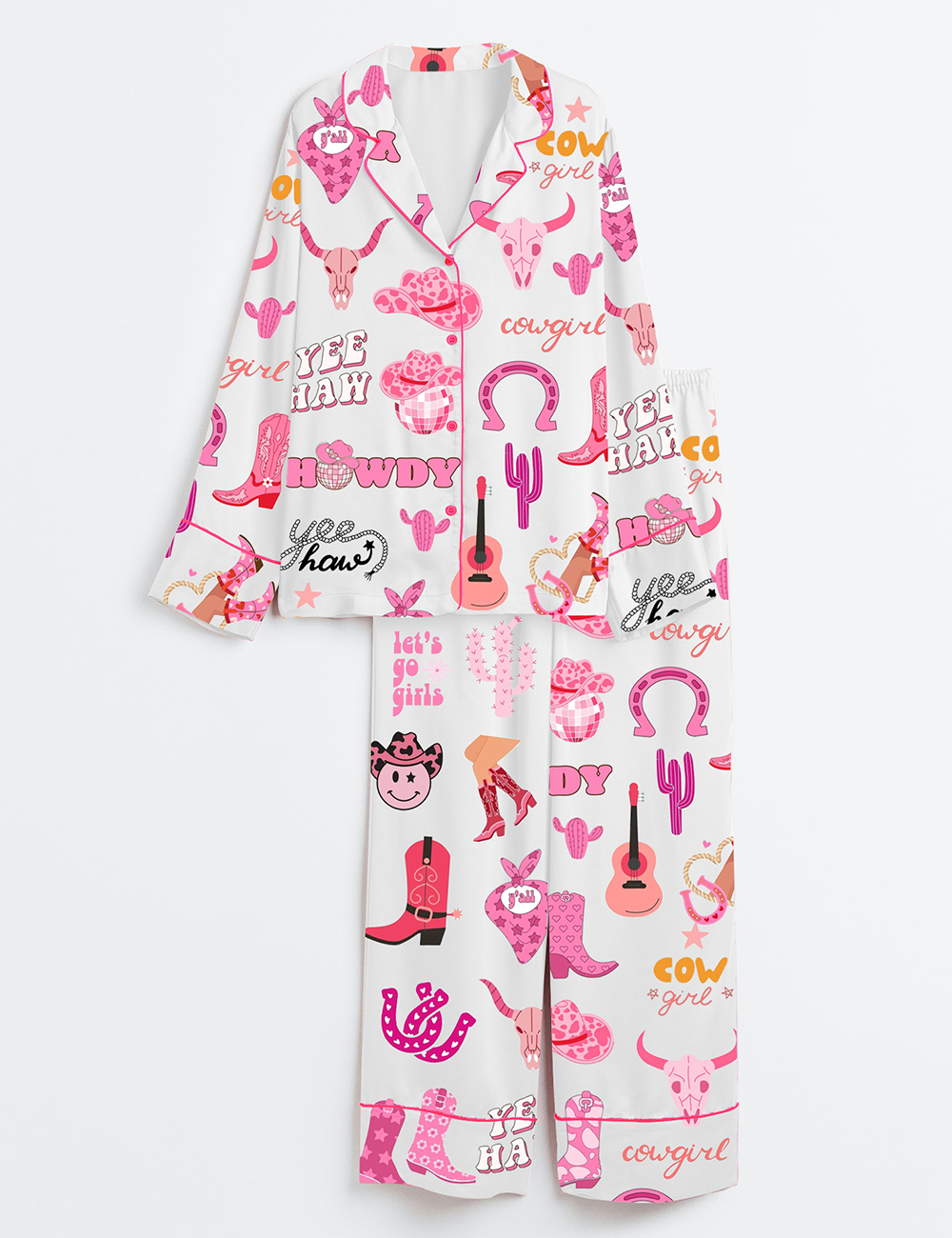 Womenâ€™s Cowgirl Boots Let's Go Disco Cowgirl Western Cow Skull Print Long Sleeve Satin Pajama Set