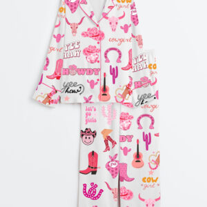 Women's Cowgirl Boots Let's Go Disco Cowgirl Western Cow Skull Print Long Sleeve Satin Pajamas Set