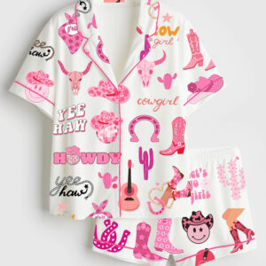 Women's Cowgirl Boots Let's Go Disco Cowgirl Western Cow Skull Print Short Sleeve Satin Pajama Set