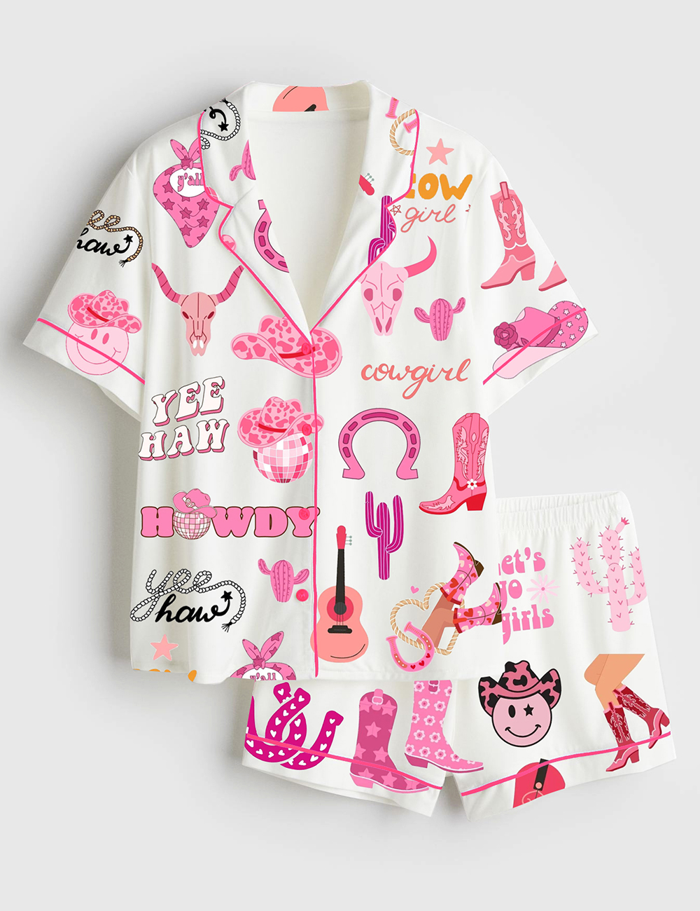 Womenâ€™s Cowgirl Boots Let's Go Disco Cowgirl Western Cow Skull Print Short Sleeve Satin Pajama Set