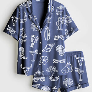 Women's Cowgirl Coastal Bachelorette Hand Drawn Whimsical Beach Short Sleeve Satin Pajamas Set