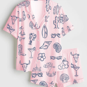 Alternative view of Women's Cowgirl Coastal Bachelorette Hand Drawn Whimsical Beach Short Sleeve Satin Pajamas Set