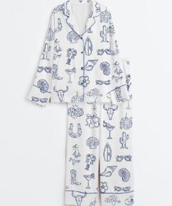 Women's Cowgirl Coastal Bachelorette Hand Drawn Whimsical Long Sleeve Satin Pajama Set