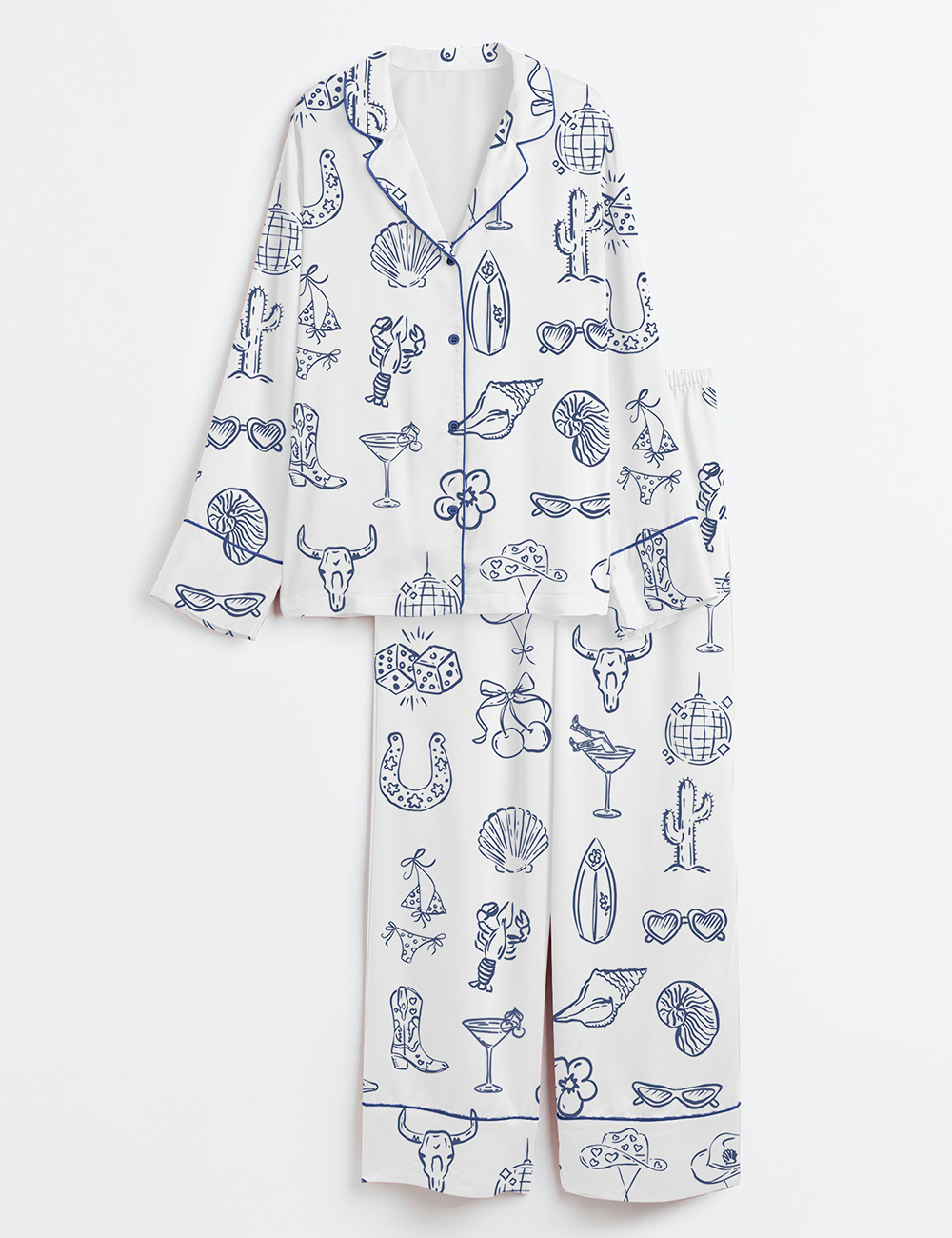 Women's Cowgirl Coastal Bachelorette Hand Drawn Whimsical Long Sleeve Satin Pajamas Set