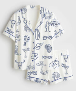 Women's Cowgirl Coastal Bachelorette Hand Drawn Whimsical Short Sleeve Satin Pajama Set