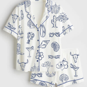 Women's Cowgirl Coastal Bachelorette Hand Drawn Whimsical Short Sleeve Satin Pajama Set