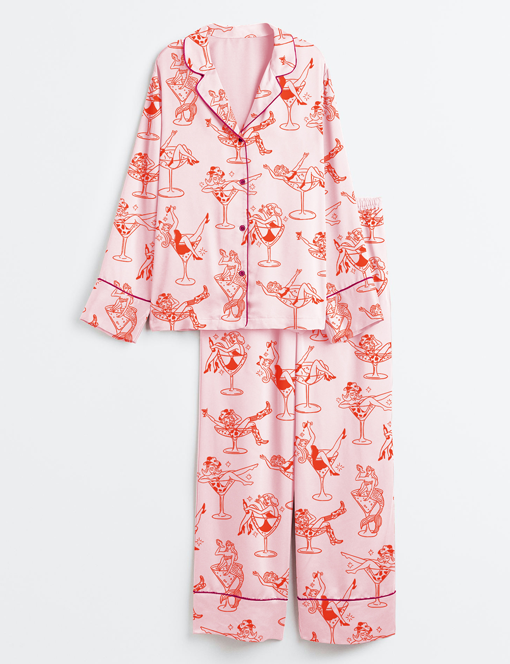 Womenâ€™s Cowgirl Girl Woman In Martini Glass Mermaid Catgirl In Glass Long Sleeve Satin Pajama Set