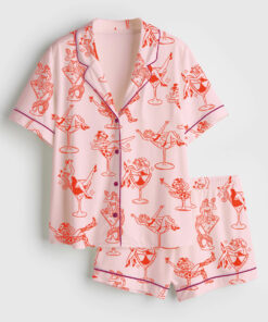 Women's Cowgirl Girl Woman In Martini Glass Mermaid Catgirl In Glass Short Sleeve Satin Pajama Set