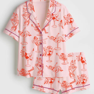 Women's Cowgirl Girl Woman In Martini Glass Mermaid Catgirl In Glass Short Sleeve Satin Pajama Set