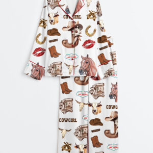 Women's Cowgirl Horse Las Vegas Boots Western Long Sleeve Satin Pajama Set