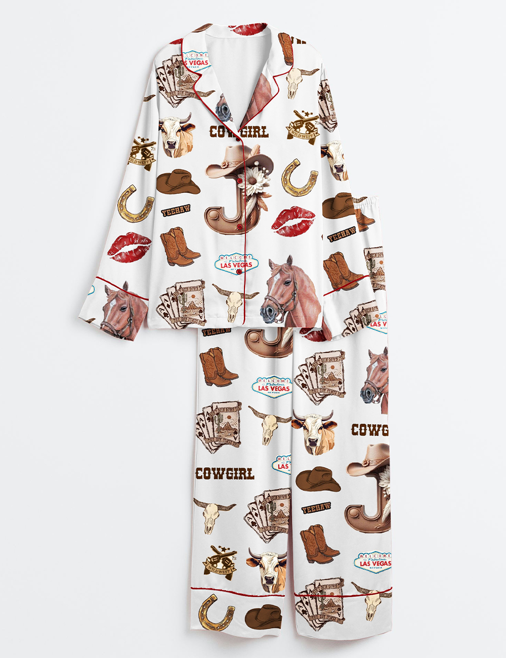 Women's Cowgirl Horse Las Vegas Boots Western Long Sleeve Satin Pajamas Set