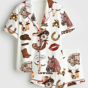 Womenâ€™s Cowgirl Horse Las Vegas Boots Western Short Sleeve Satin Pajama Set