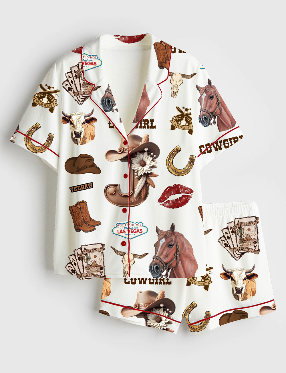 Womenâ€™s Cowgirl Horse Las Vegas Boots Western Short Sleeve Satin Pajama Set