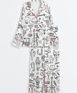 Women's Cowgirl Whimsical Style Hand Drawn Western Bachelorette Party Long Sleeve Satin Pajama Set
