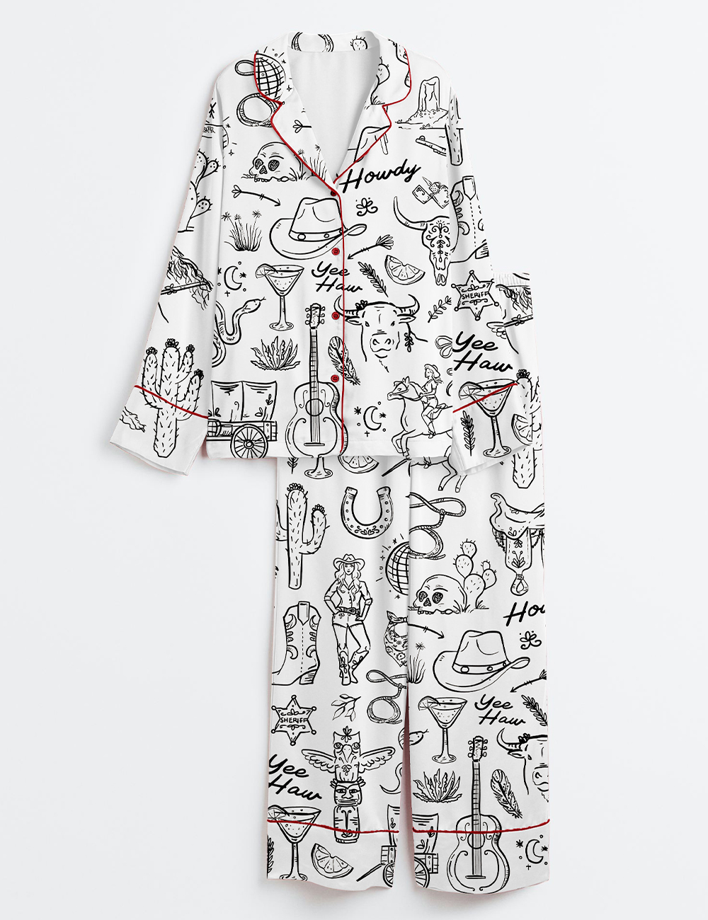 Womenâ€™s Cowgirl Whimsical Style Hand Drawn Western Bachelorette Party Long Sleeve Satin Pajama Set