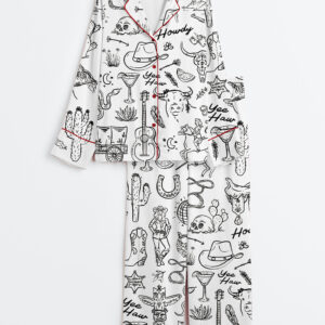 Women's Cowgirl Whimsical Style Hand Drawn Western Bachelorette Party Long Sleeve Satin Pajamas Set