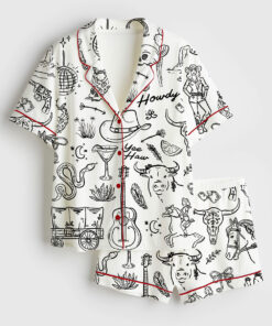 Women's Cowgirl Whimsical Style Hand Drawn Western Bachelorette Party Short Sleeve Satin Pajama Set