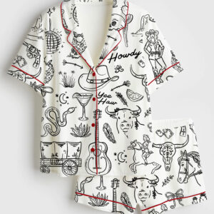 Womenâ€™s Cowgirl Whimsical Style Hand Drawn Western Bachelorette Party Short Sleeve Satin Pajama Set