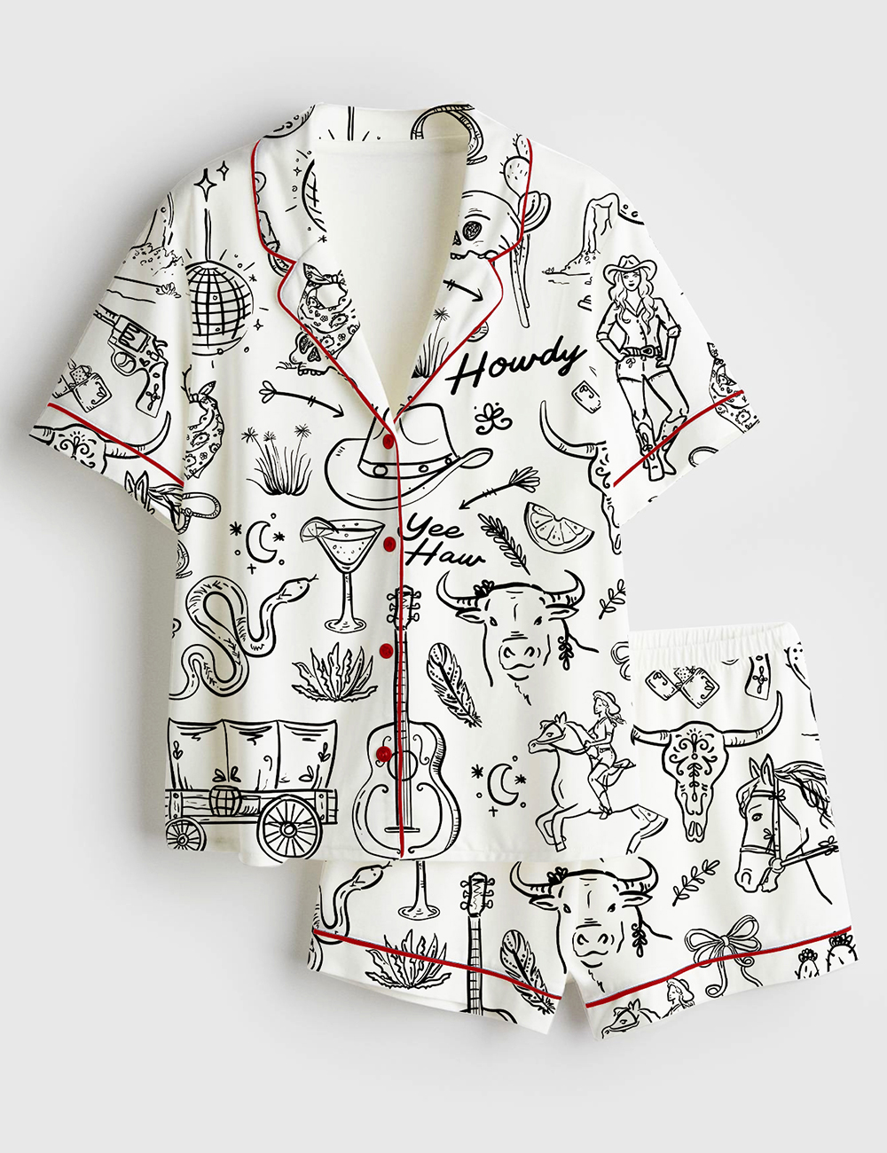 Womenâ€™s Cowgirl Whimsical Style Hand Drawn Western Bachelorette Party Short Sleeve Satin Pajama Set