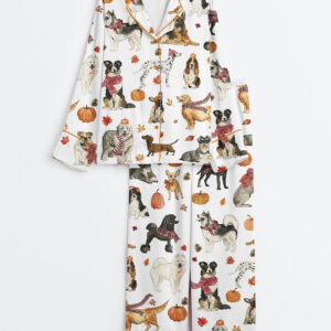 Women's Cozy Fall Dogs Pumpkin Halloween Dogs Long Sleeve Satin Pajama Set