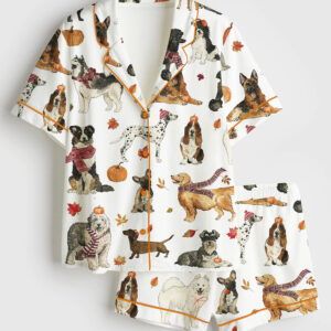 Women's Cozy Fall Dogs Pumpkin Halloween Dogs Short Sleeve Satin Pajama Set