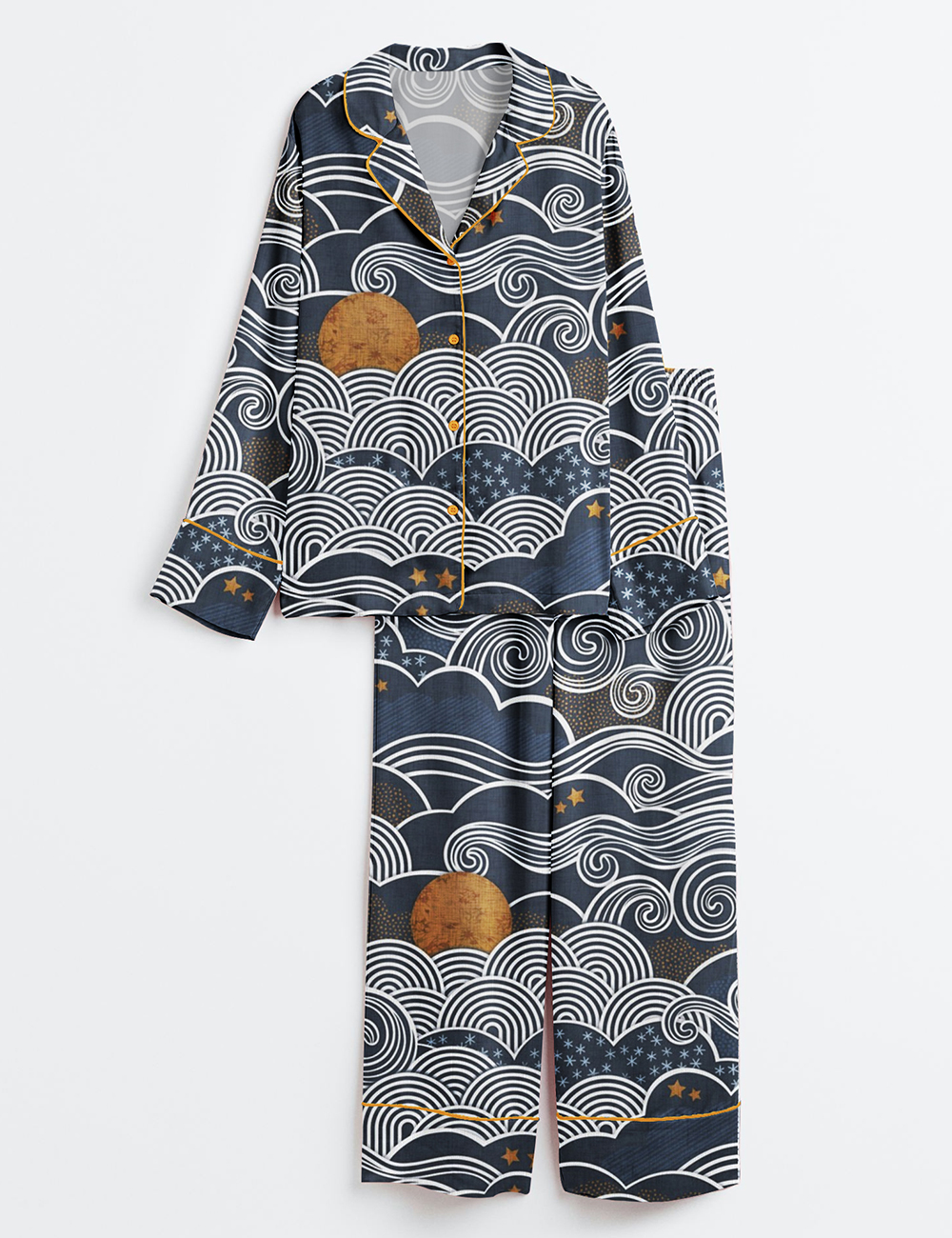 Women’s Cozy Night Sky Navy Blue Full Moon and Stars Over the Clouds Moody Sky Long Sleeve Satin Pajama Set