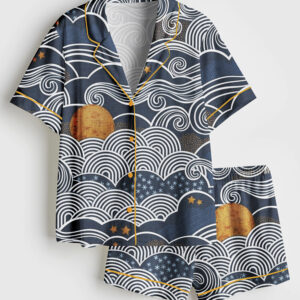 Women's Cozy Night Sky Navy Blue Full Moon and Stars Over the Clouds Moody Sky Short Sleeve Satin Pajama Set