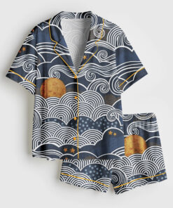 Women's Cozy Night Sky Navy Blue Full Moon and Stars Over the Clouds Moody Sky Short Sleeve Satin Pajama Set