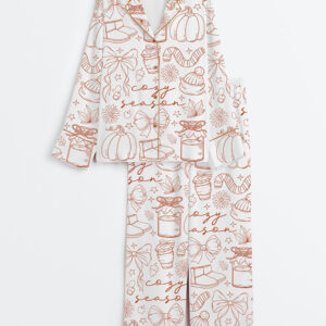 Women's Cozy Season Fall Vibes Fall Pumpkin Autumn Season Long Sleeve Satin Pajama Set