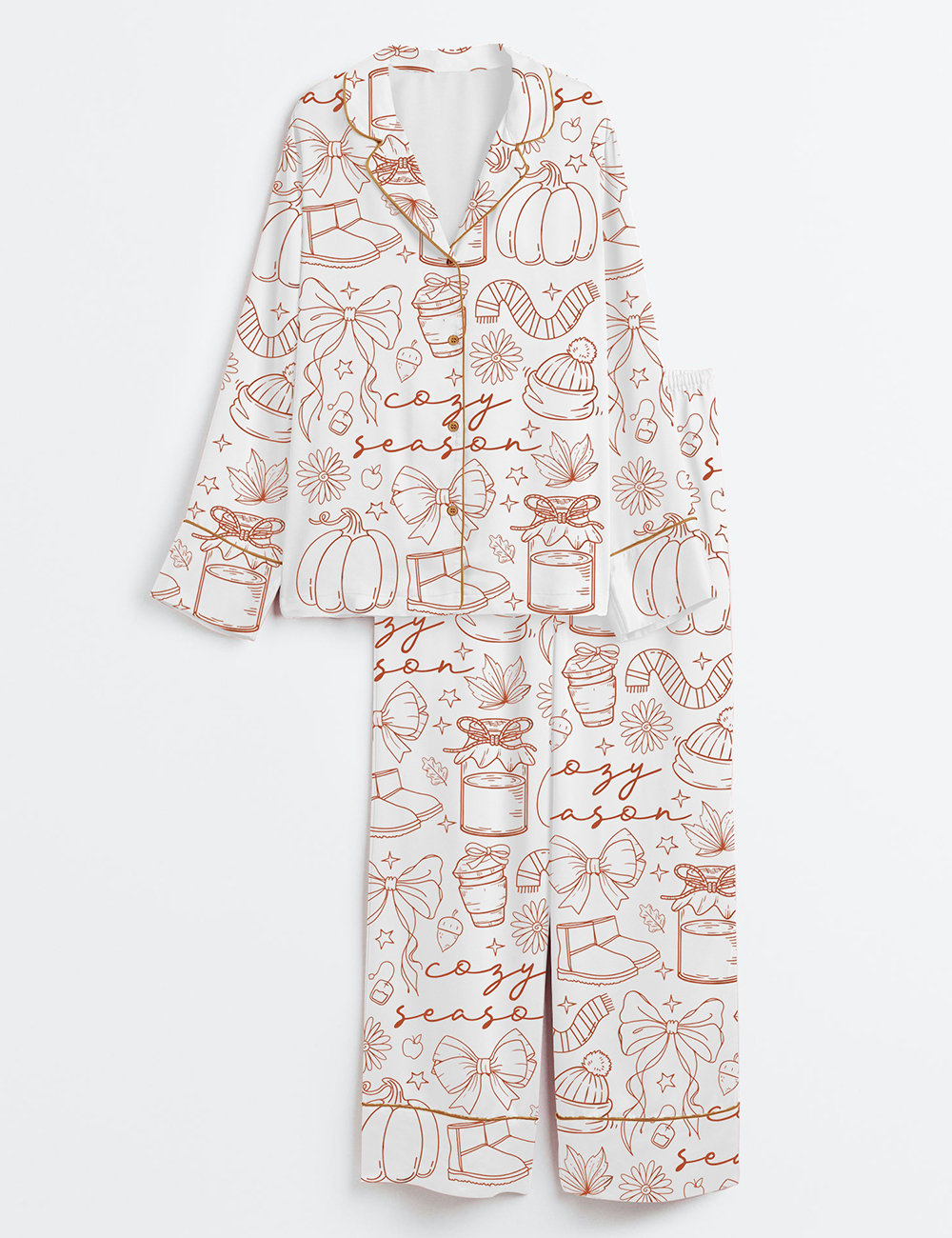 Women's Cozy Season Fall Vibes Fall Pumpkin Autumn Season Long Sleeve Satin Pajamas Set