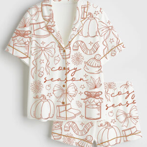 Women's Cozy Season Fall Vibes Fall Pumpkin Autumn Season Short Sleeve Satin Pajama Set