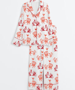 Women's Crab Martini Summer Marine Animals Beach Fisherman Aestetic Art Long Sleeve Satin Pajama Set