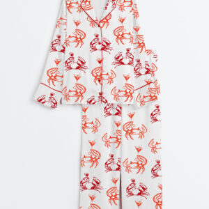 Women's Crab Martini Summer Marine Animals Beach Fisherman Aestetic Art Long Sleeve Satin Pajama Set