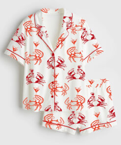 Women's Crab Martini Summer Marine Animals Beach Fisherman Aestetic Art Short Sleeve Satin Pajama Set