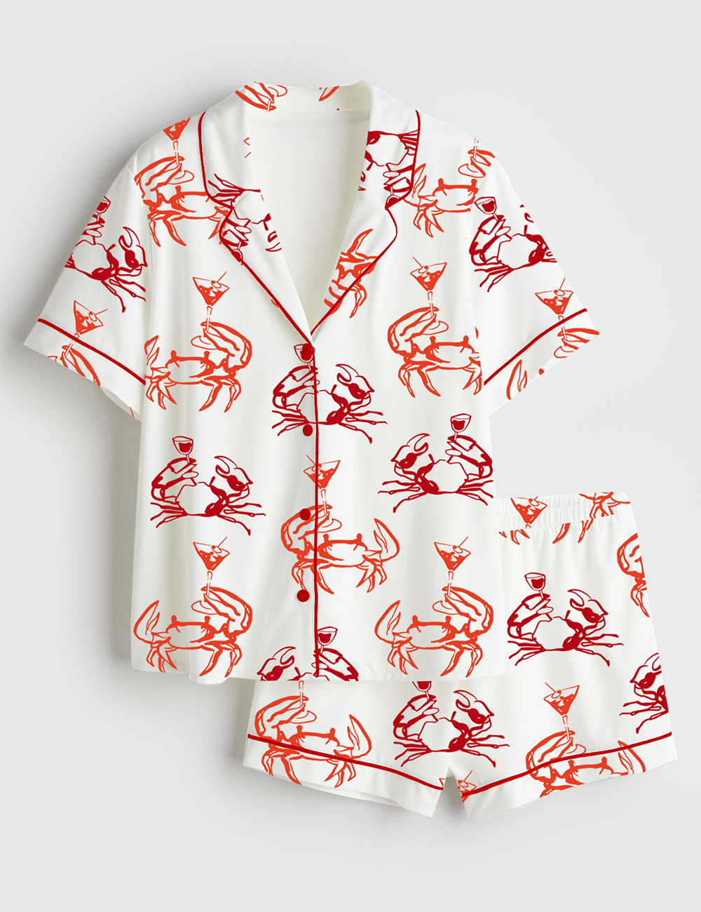 Womenâ€™s Crab Martini Summer Marine Animals Beach Fisherman Aestetic Art Short Sleeve Satin Pajama Set