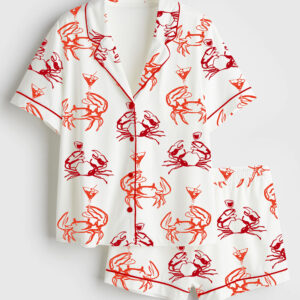 Women's Crab Martini Summer Marine Animals Beach Fisherman Aestetic Art Short Sleeve Satin Pajama Set