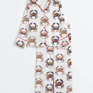 Women's Crab With Floral Boho Floral Crab Sea Life Coastal Summer Beach Print Long Sleeve Satin Pajamas Set