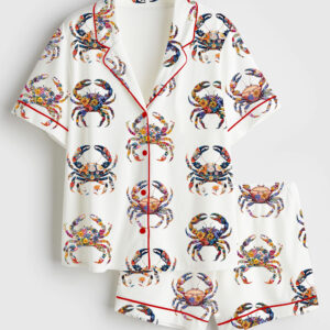 Women's Crab With Floral Boho Floral Crab Sea Life Coastal Summer Beach Print Short Sleeve Satin Pajama Set