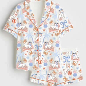 Womenâ€™s Crabs Pineapples Palm Trees Pups In Sunnies Beach Dog Short Sleeve Satin Pajama Set