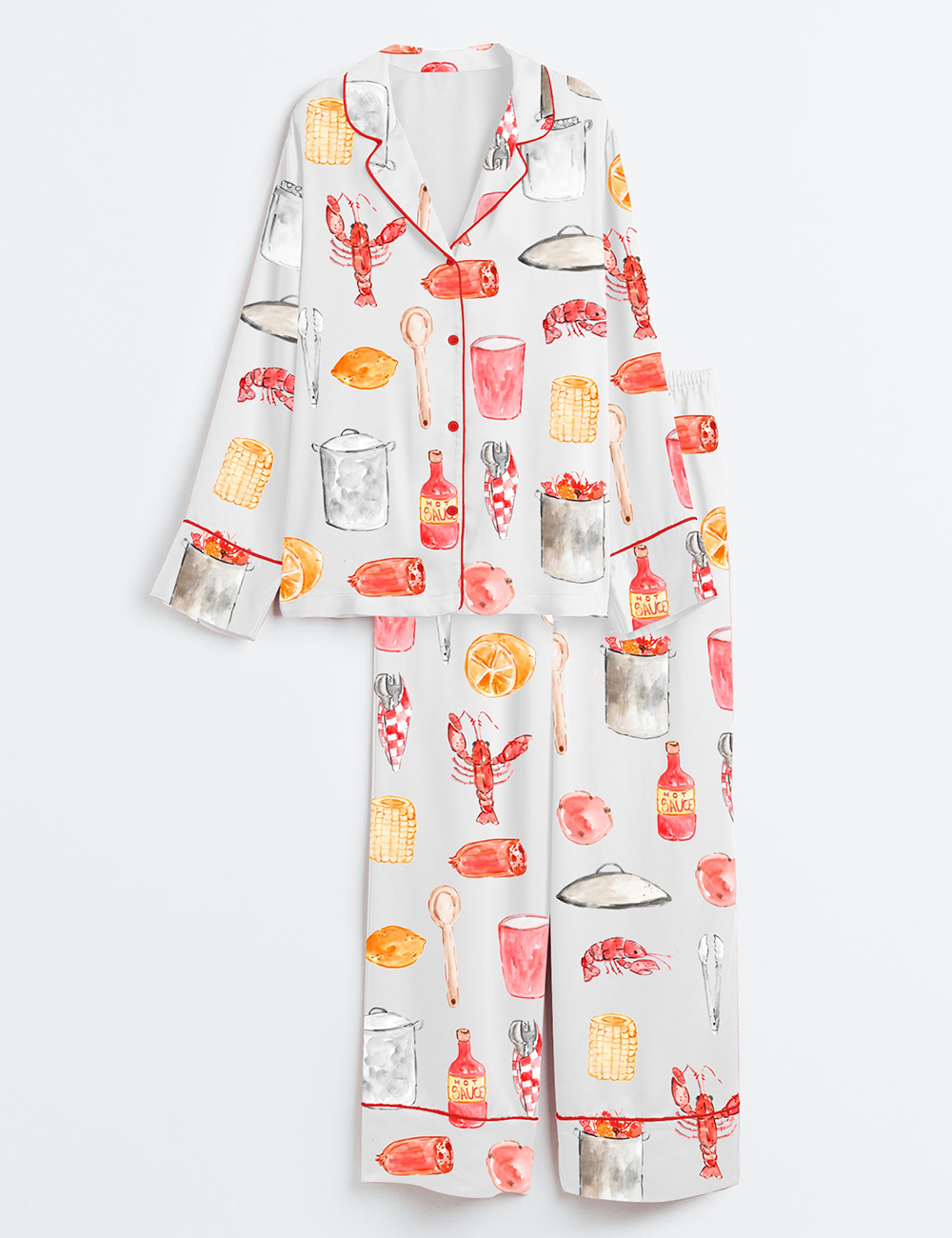 Womenâ€™s Crawfish Boil Watercolor Summer Seafood Print Long Sleeve Satin Pajama Set
